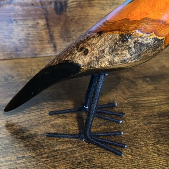 Carved Wood Bird Sculpture Folk Art Painted Bird on Metal Yarn Covered Legs 7” - Picture 3 of 11